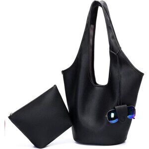 Women Slouchy Hobo Bag 2PCS Black Vegan Leather Large Capacity Shoulder Tote Bag